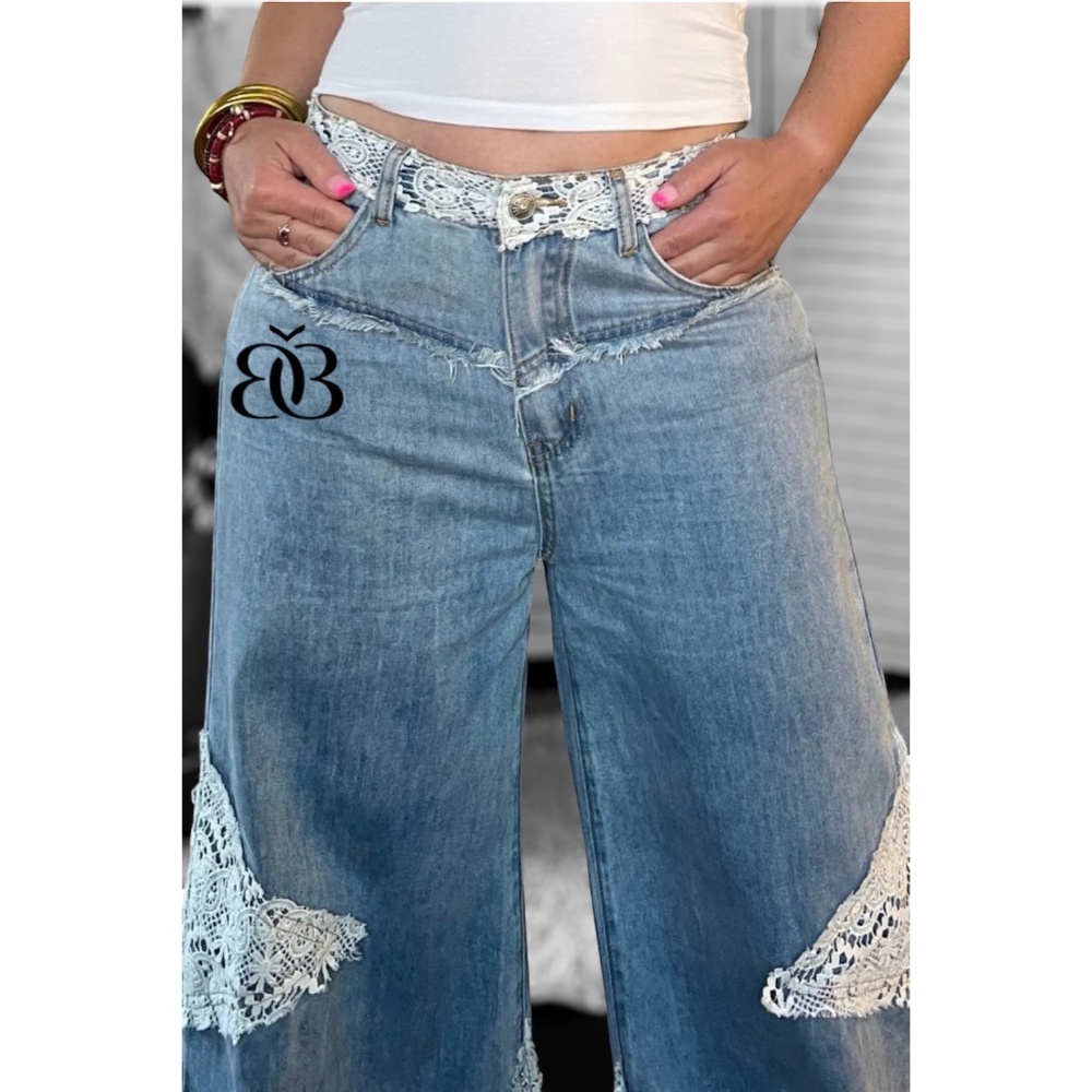 POL Vintage Washed Crochet Patched Straight Wide Leg Slouch Jeans - Picture 9 of 16